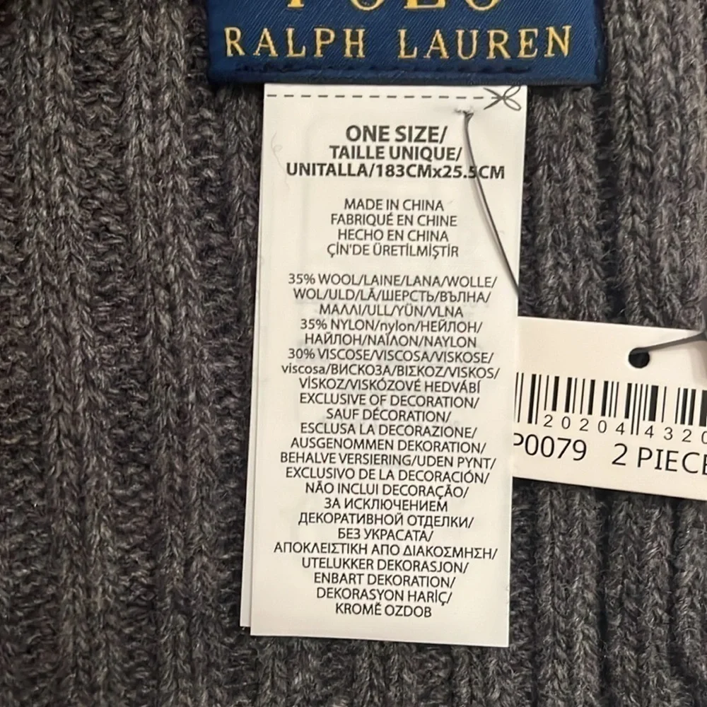Brand New Polo Ralph Lauren 2-Piece Knit Beanie Hat & Scarf Set Gray Wool Pony